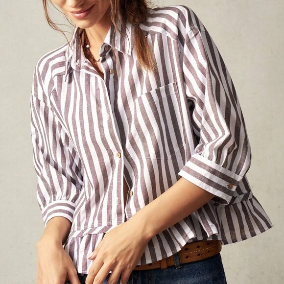Brown Casual Women's Woven Striped Shirt Vacation natuical beachy travel europe - Picture 7 of 8